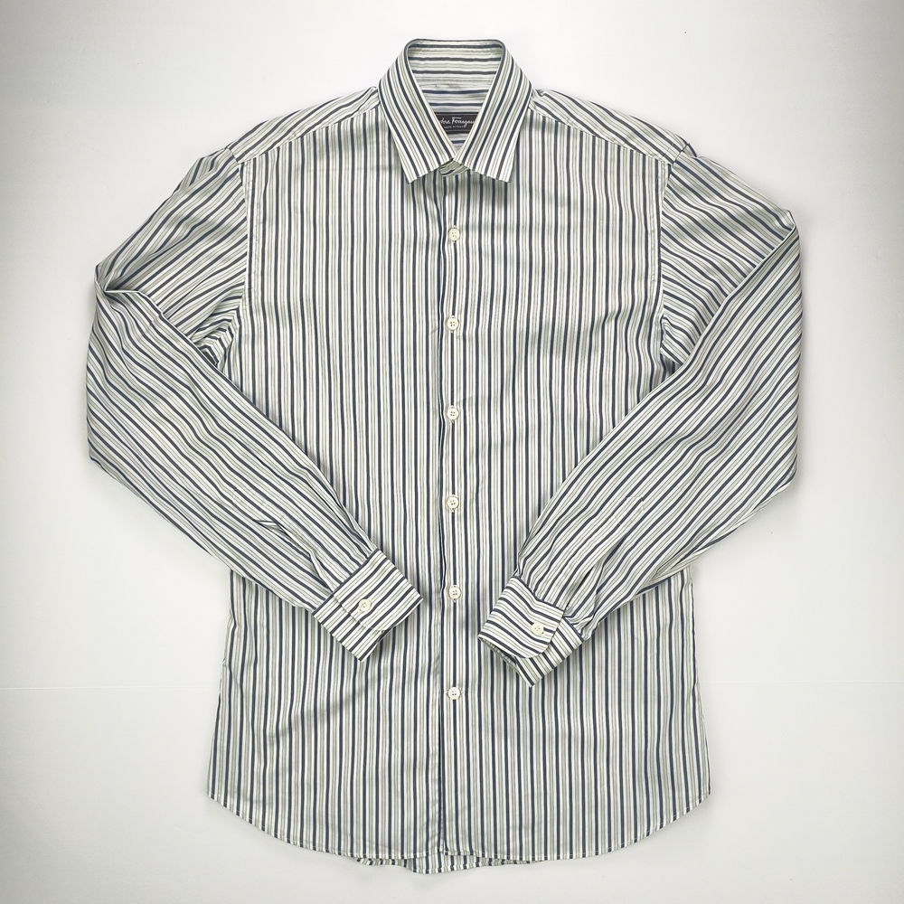 Vintage Salvatore Ferragamo Men S Italy Luxury Striped Dress Shirt Blue White